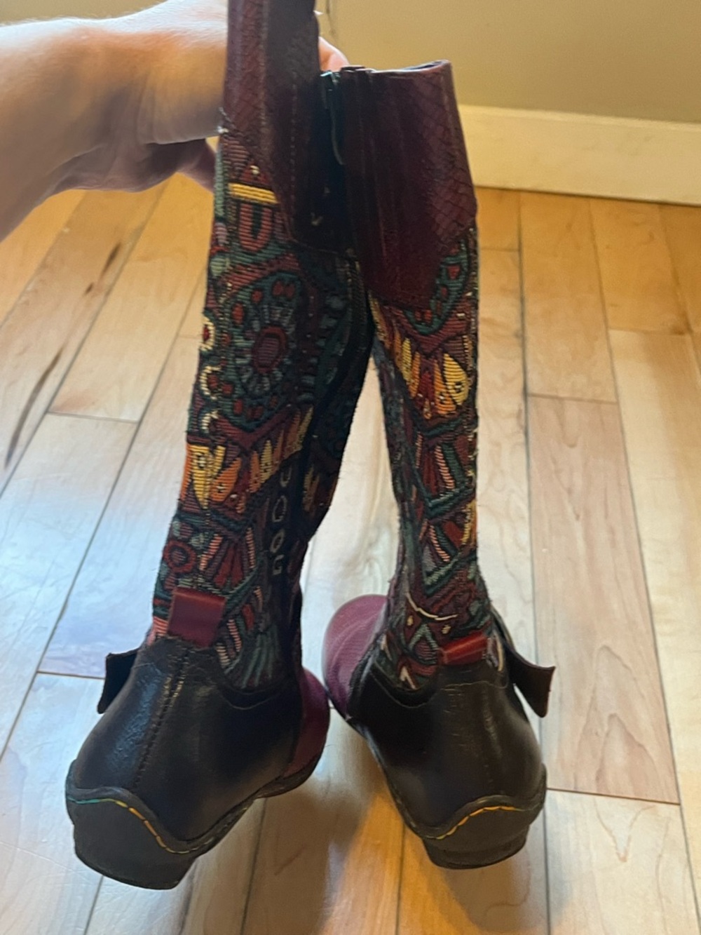 Socofy Tapestry and Leather Tall boots zip up side decorative silver buckle 39 - Picture 8 of 11